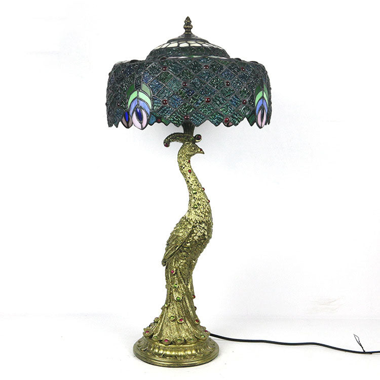 GemGlide Tiffany Tischlampe | Vintage Pfau Design | Glas & Harz | 1-flammig