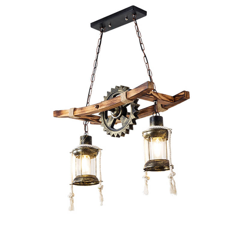 RustiLume Industrial Kronleuchter | Vintage Holz & Metall | 2-Licht Inselleuchte