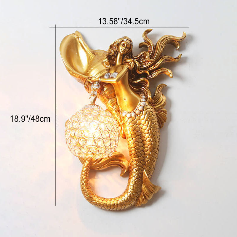 MerLume Harz Meerjungfrau Wandleuchte | Kristall-Lampenschirm | Kreatives Design | Für Schlafzimmer & Wohnzimmer