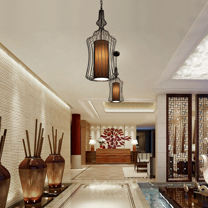 CageCraft Industrial Pendelleuchte | Eisen-Käfig Design | Stoffschirm | Wohnzimmerlicht