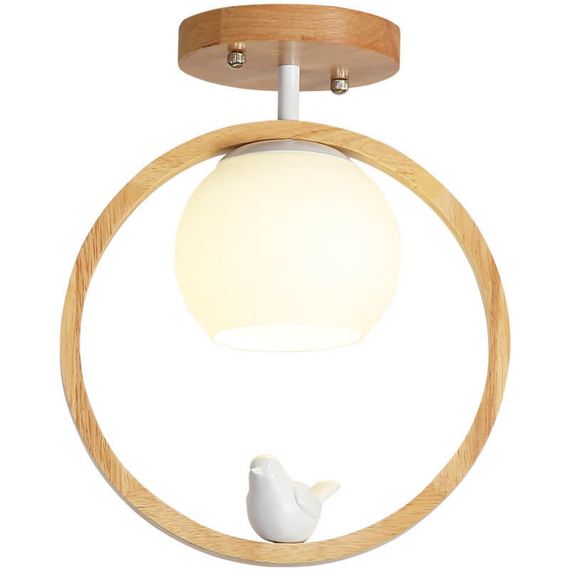 NaturaBird Minimalistische Japanische LED Deckenleuchte | Holzdesign | Runde Semi-Flush Beleuchtung | Elegantes Wohnambiente