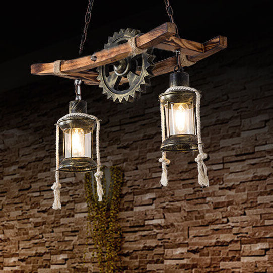 RustiLume Industrial Kronleuchter | Vintage Holz & Metall | 2-Licht Inselleuchte