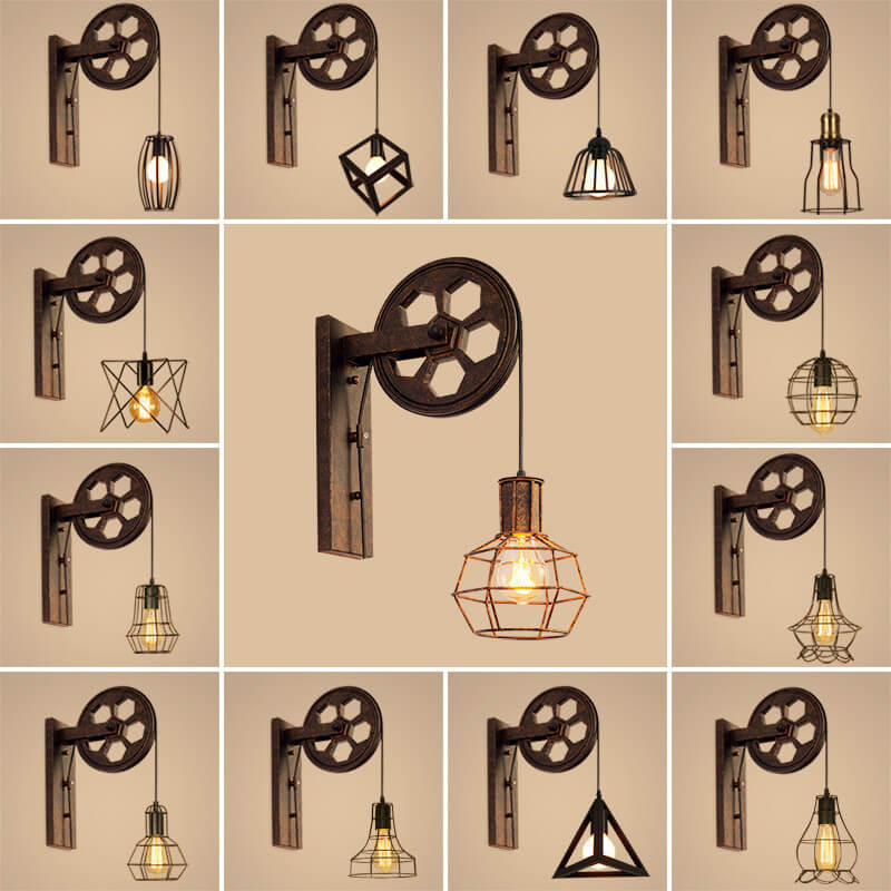 PulleyLux Vintage Industrielle Wandlampe | Mit Seilzug | 1-flammig | Retro Design