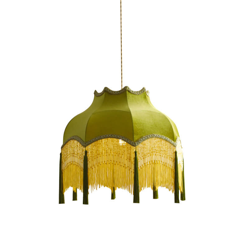 TasselLume Französische Pendelleuchte | Stofflampenschirm mit Fransen | 1-flammig | Vintage Messing-Design für Esszimmer & Wohnzimmer