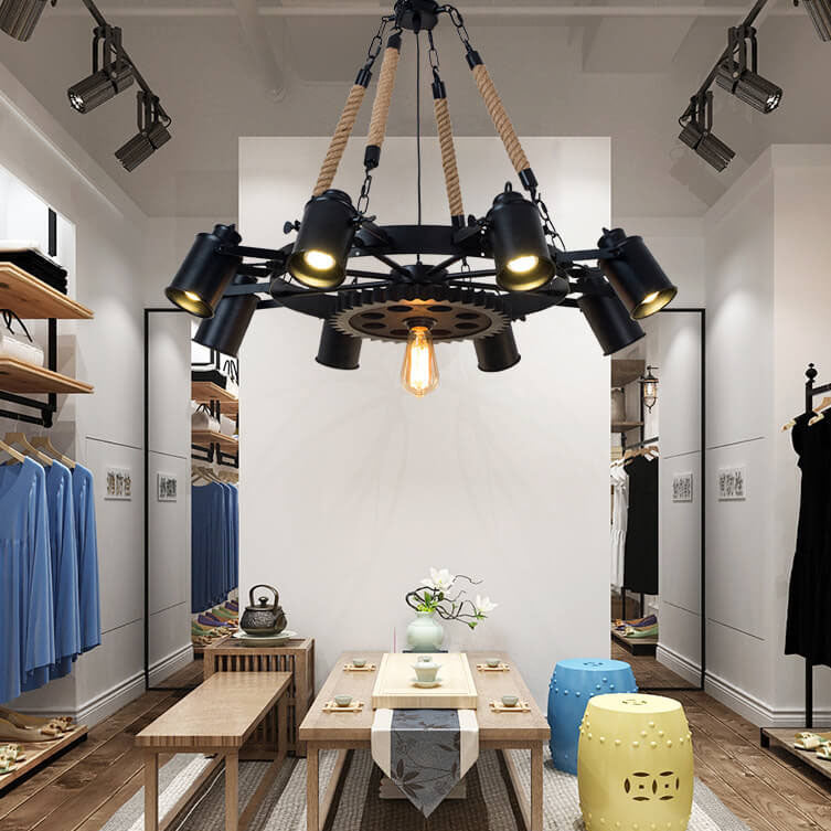 GearLume Retro Industrial Kronleuchter | Eisen-Design | Hanfseil-Lampen | 6/8/10 Leuchten | Vintage Beleuchtung