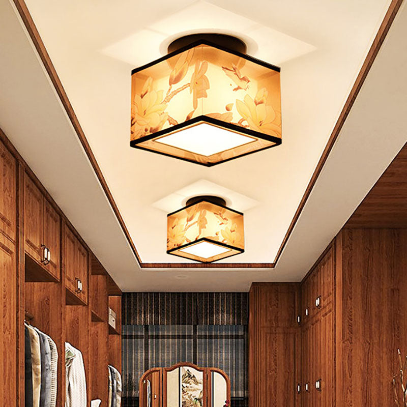 Zhenhua Deckenleuchte | Traditionelles Design | Quadratischer Stoffschirm | Semi-Flush-Montage | Beleuchtung für Flur