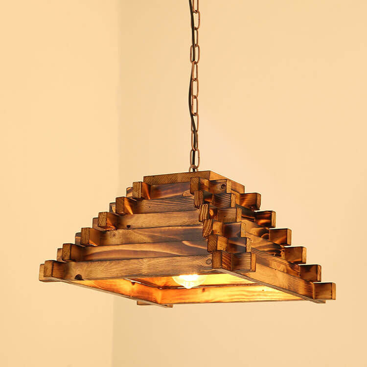 TimberTriad Pendelleuchte | Vintage Holzdesign | Dreieckige Hängelampe | Einfache Lichtquelle | Rustikal & Modern