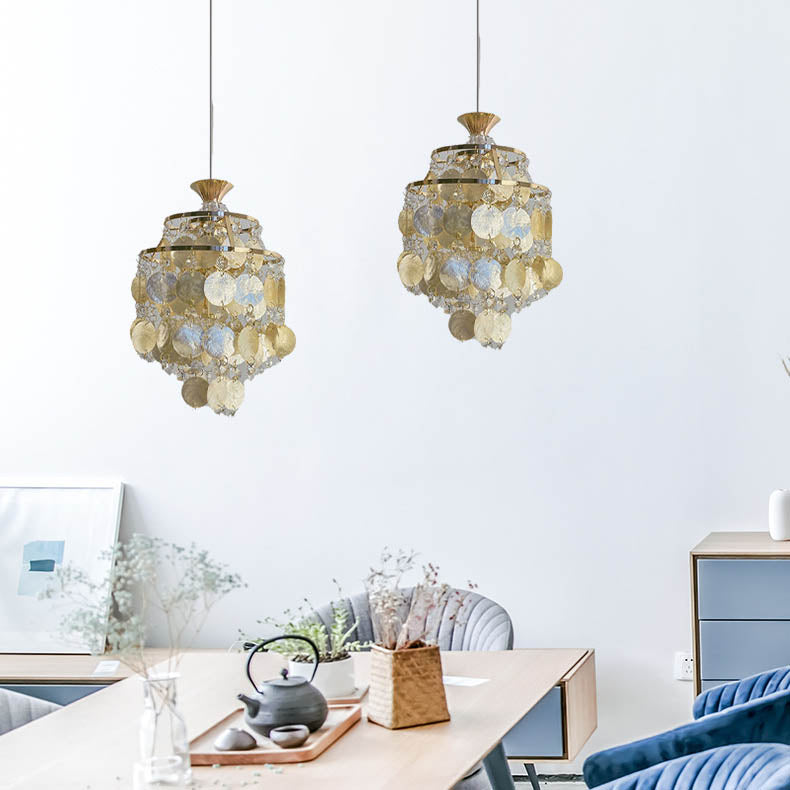 Glorielle Pendelleuchte | Goldenes Muscheldesign | Kristall-Perlen | Runde 1-flammige Beleuchtung für Wohnzimmer