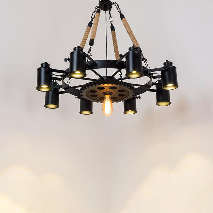 GearLume Retro Industrial Kronleuchter | Eisen-Design | Hanfseil-Lampen | 6/8/10 Leuchten | Vintage Beleuchtung