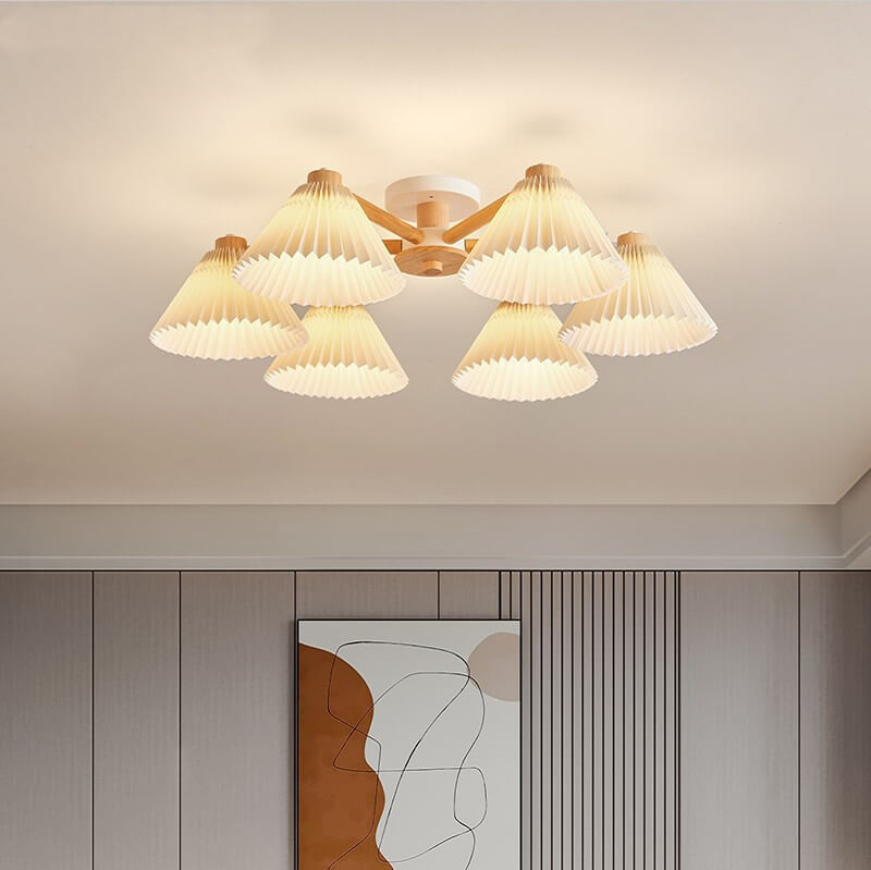 LumiPlea Nordic Holz Deckenleuchte | Plissee-Schirm | 3/6/8-Licht Halbrunde Deckenlampe
