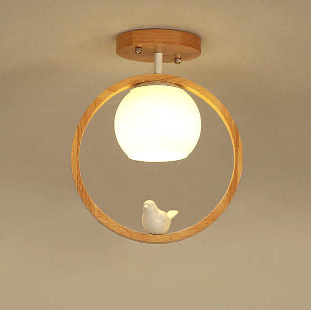 NaturaBird Minimalistische Japanische LED Deckenleuchte | Holzdesign | Runde Semi-Flush Beleuchtung | Elegantes Wohnambiente