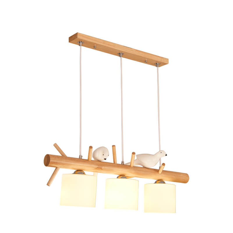 AviLume Nordic Kronleuchter | Minimalistisches Holzdesign | Zylinder mit Vogel-Dekor | 2-3 Licht Pendelleuchte