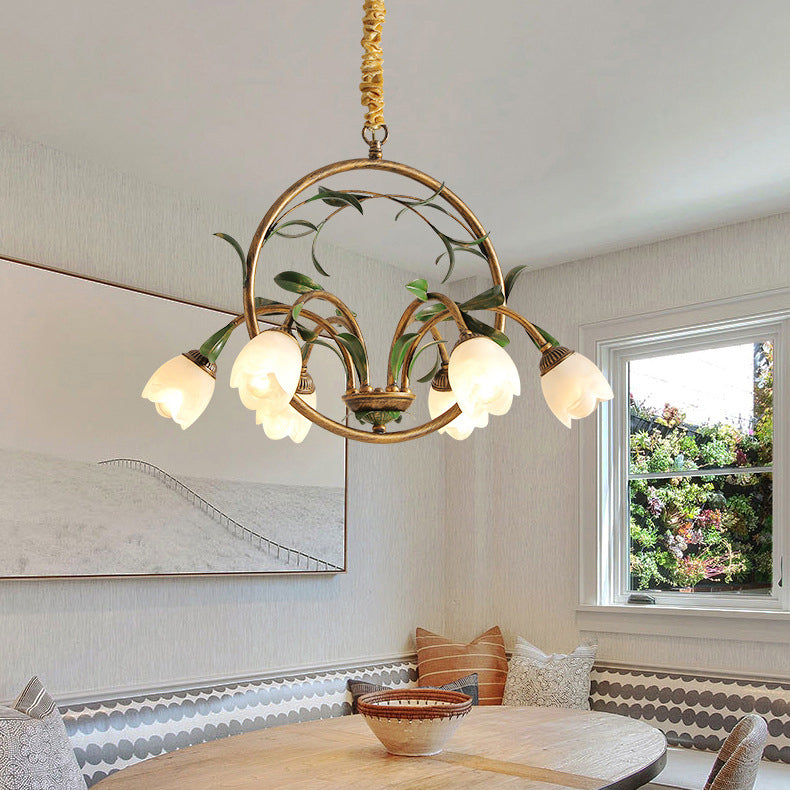 LuxeArc Kronleuchter im Art-Deco-Stil | 6/8 Lichter | Eisen & Kristallglas-Tulpen | Elegantes Design für Wohnzimmer