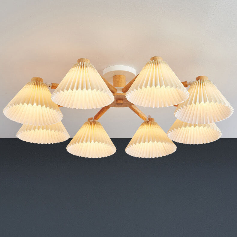 LumiPlea Nordic Holz Deckenleuchte | Plissee-Schirm | 3/6/8-Licht Halbrunde Deckenlampe