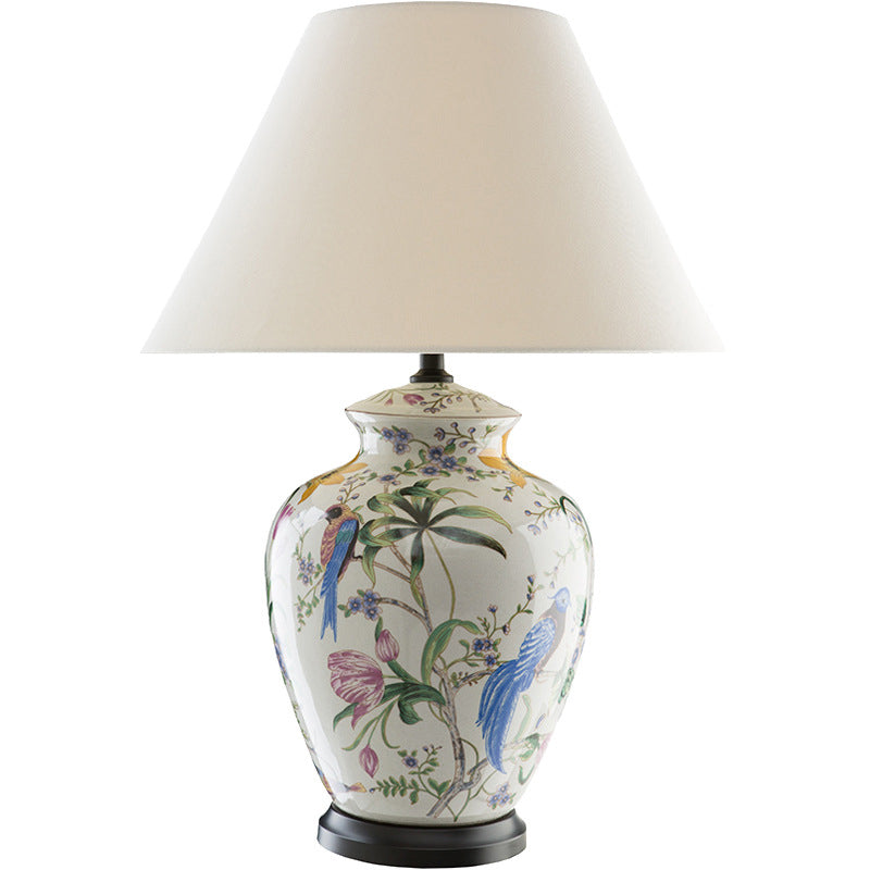 Florabella Retro-Keramik Tischlampe | Blumen- und Vogelmotiv | 1-Licht Dekoleuchte | Romantisches Ambiente für Zuhause