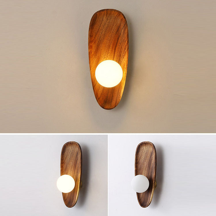 AuroraCraft Japanische LED-Wandleuchte mit Holz & Glas | Irreguläres Oval | Warmes Licht für Schlafzimmer & Wohnzimmer