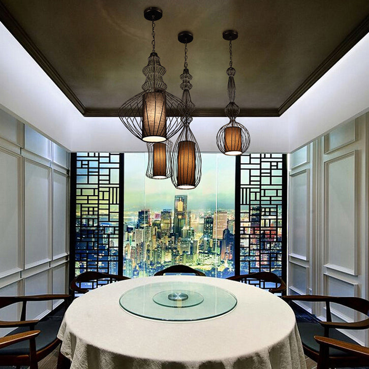 CageCraft Industrial Pendelleuchte | Eisen-Käfig Design | Stoffschirm | Wohnzimmerlicht