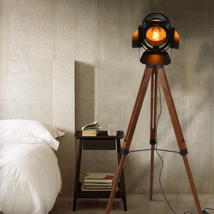 FotoBeam Vintage Stehlampe | Industrial Design | Holz-Stativ & Metall | 1-flammig