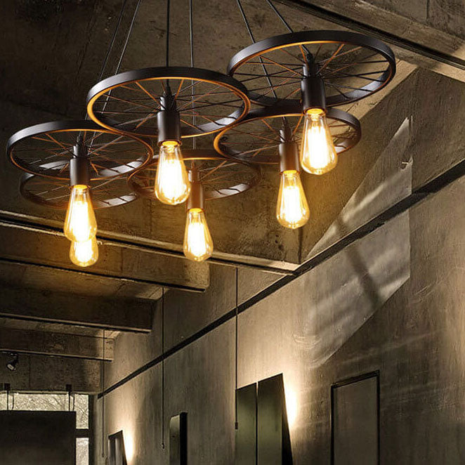 Rustiron Kronleuchter | Industrielles Design mit Eisenrädern | 1/3/6-flammig | Loft- und Wohnraum-Beleuchtung