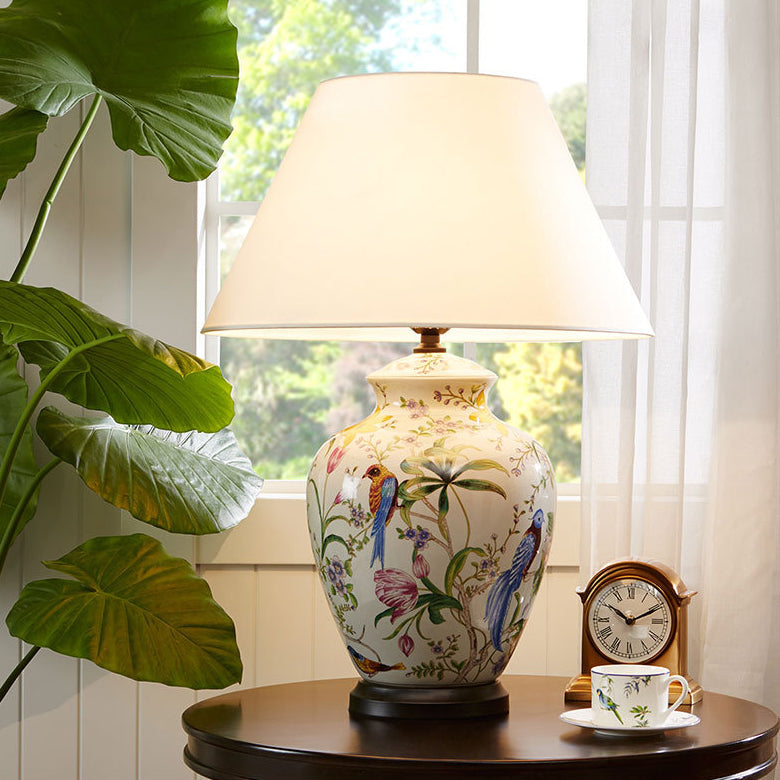 Florabella Retro-Keramik Tischlampe | Blumen- und Vogelmotiv | 1-Licht Dekoleuchte | Romantisches Ambiente für Zuhause