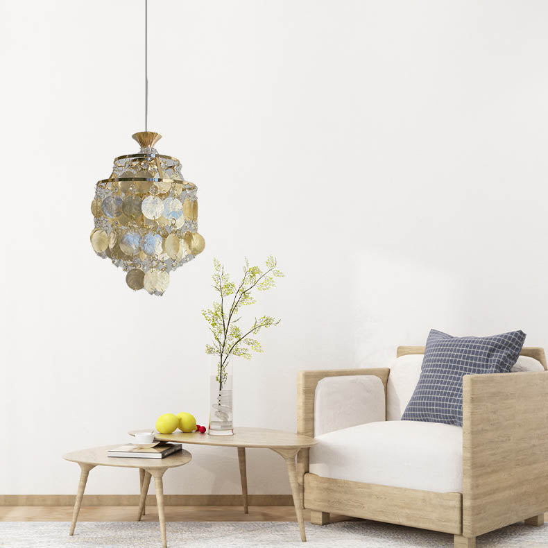 Glorielle Pendelleuchte | Goldenes Muscheldesign | Kristall-Perlen | Runde 1-flammige Beleuchtung für Wohnzimmer