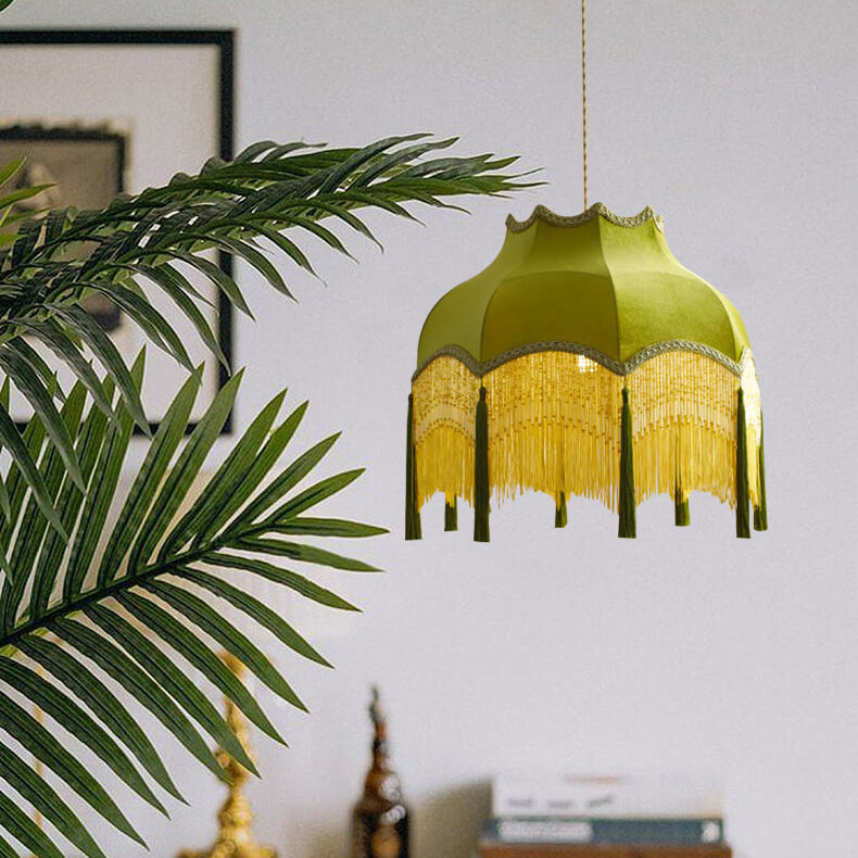 TasselLume Französische Pendelleuchte | Stofflampenschirm mit Fransen | 1-flammig | Vintage Messing-Design für Esszimmer & Wohnzimmer