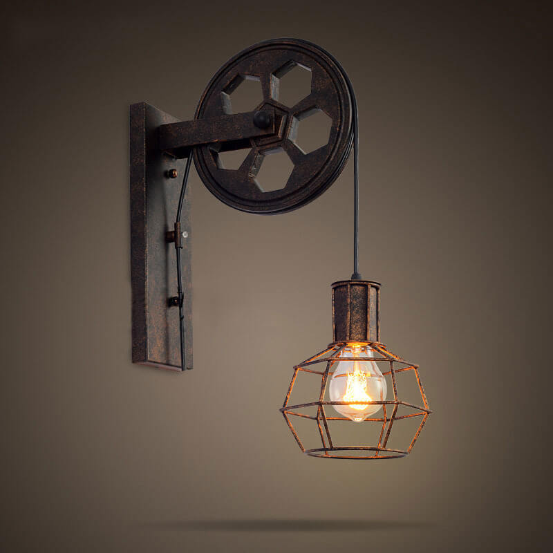 PulleyLux Vintage Industrielle Wandlampe | Mit Seilzug | 1-flammig | Retro Design