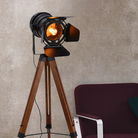 FotoBeam Vintage Stehlampe | Industrial Design | Holz-Stativ & Metall | 1-flammig
