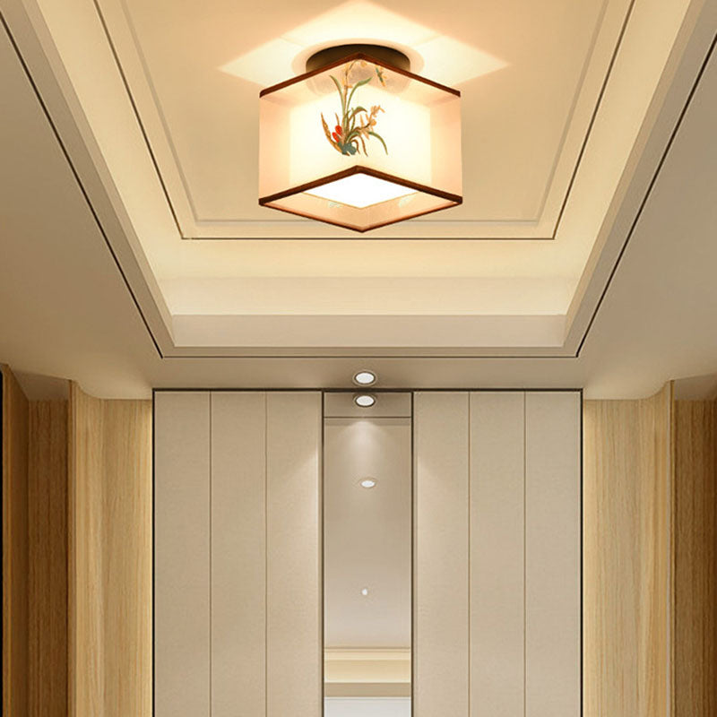 Zhenhua Deckenleuchte | Traditionelles Design | Quadratischer Stoffschirm | Semi-Flush-Montage | Beleuchtung für Flur