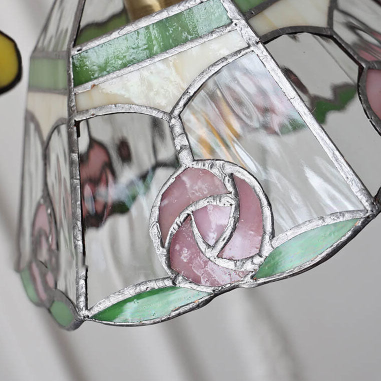 Roselume Tiffany Pendelleuchte | Vintage Rosenmotiv | Buntglas Kegelform | 1-Licht Hängelampe