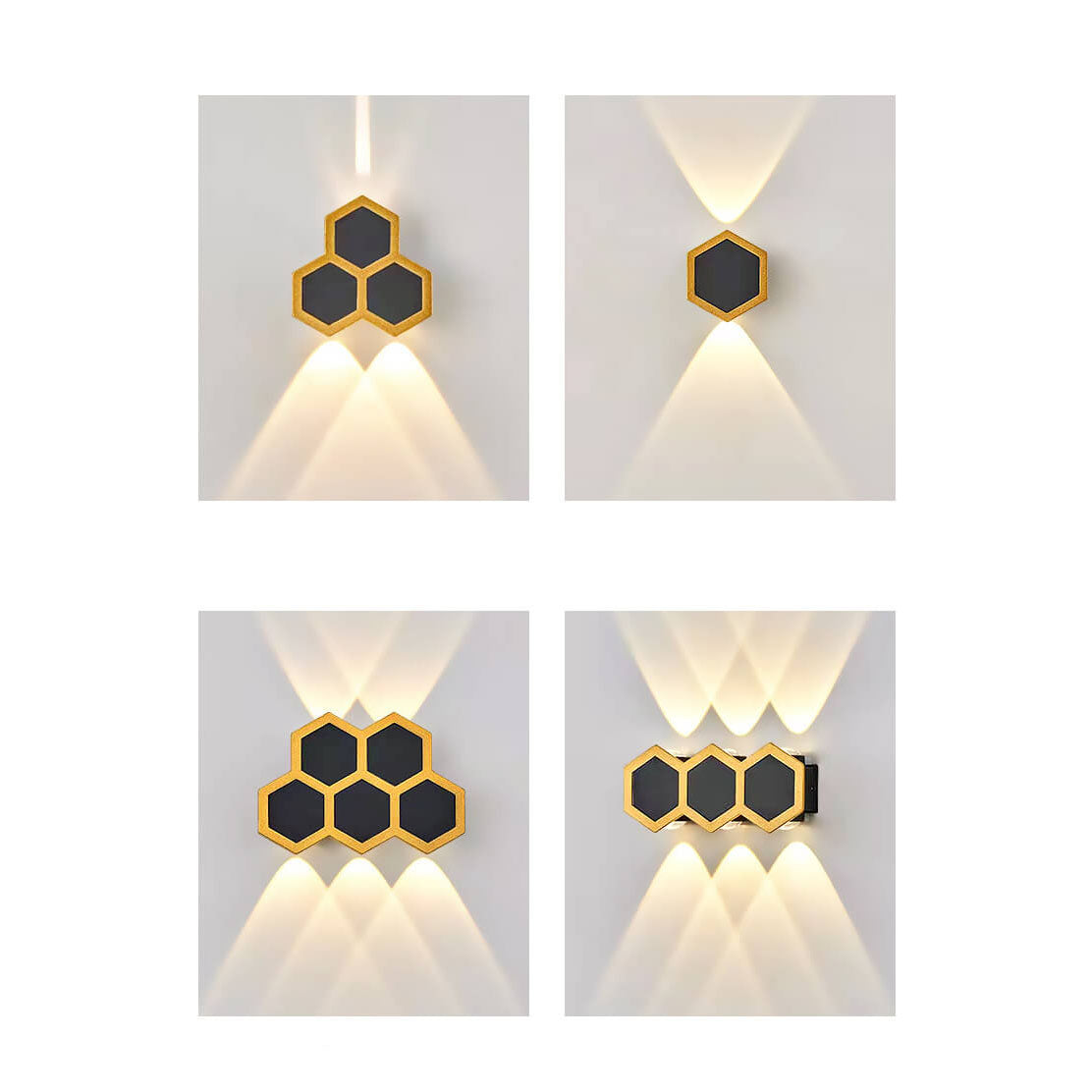 LumoHex Prime | Modernes Outdoor LED Wandlicht | Hexagon Schwarz-Gold Kombination