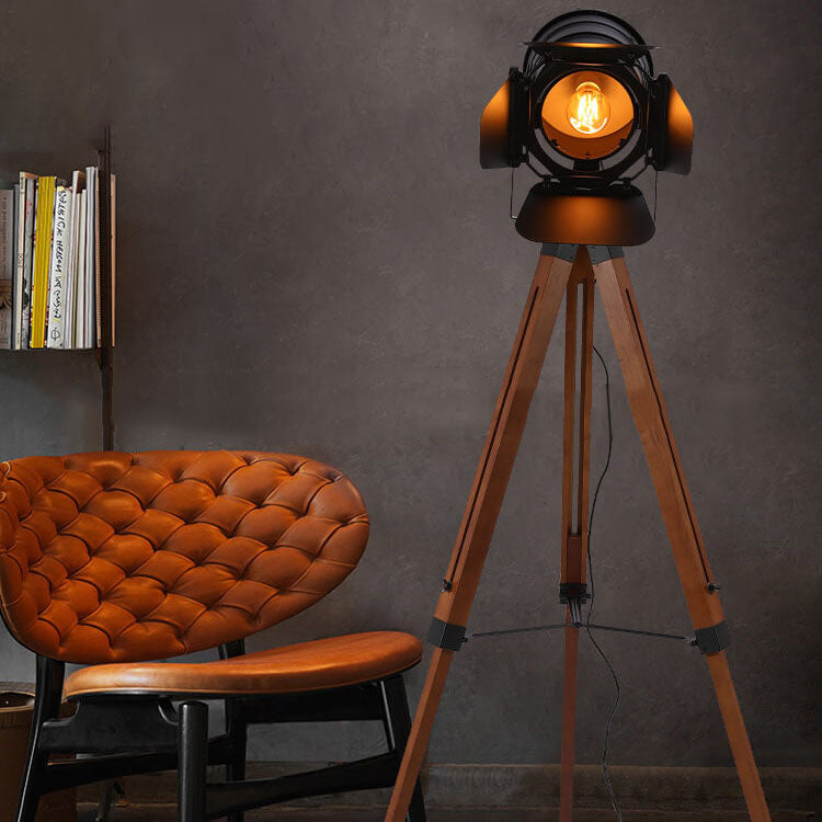 FotoBeam Vintage Stehlampe | Industrial Design | Holz-Stativ & Metall | 1-flammig