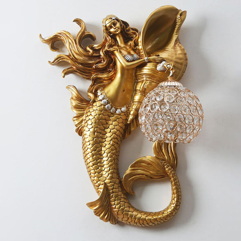 MerLume Harz Meerjungfrau Wandleuchte | Kristall-Lampenschirm | Kreatives Design | Für Schlafzimmer & Wohnzimmer