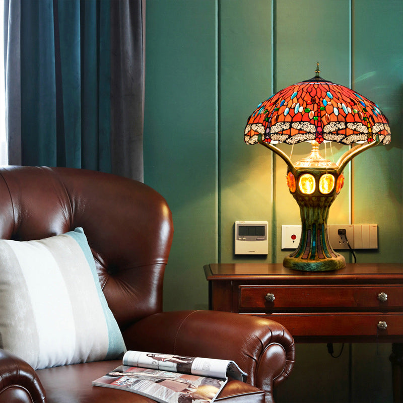 RadianceGem Tiffany Tischlampe | Vintage Design | Rot | Glaskunst mit Libellenmuster | 4-Licht Tischleuchte