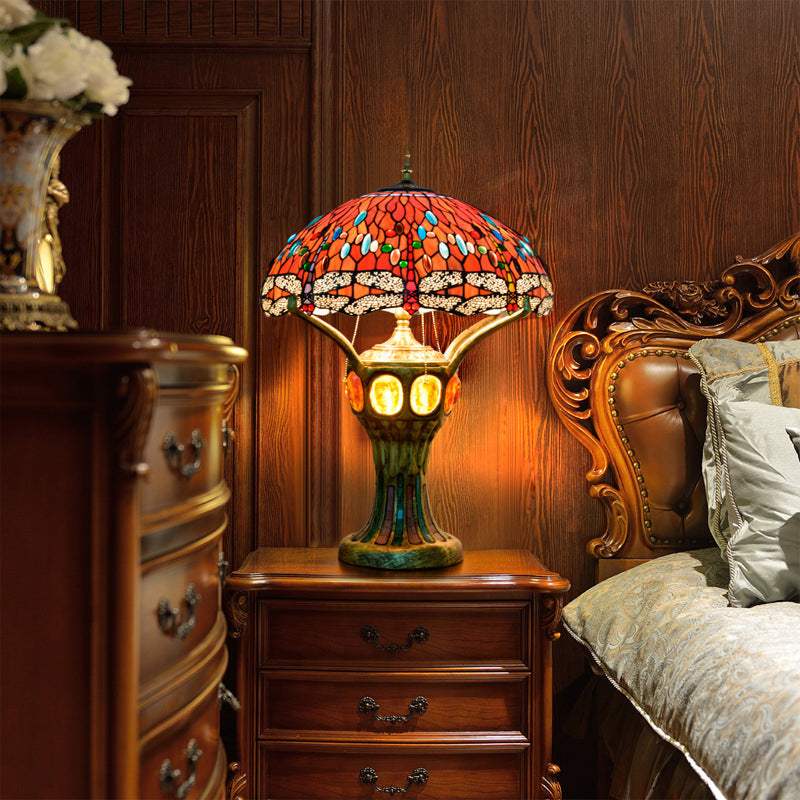 RadianceGem Tiffany Tischlampe | Vintage Design | Rot | Glaskunst mit Libellenmuster | 4-Licht Tischleuchte