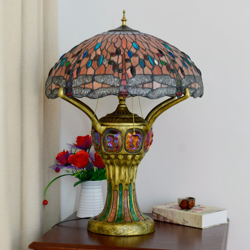RadianceGem Tiffany Tischlampe | Vintage Design | Rot | Glaskunst mit Libellenmuster | 4-Licht Tischleuchte