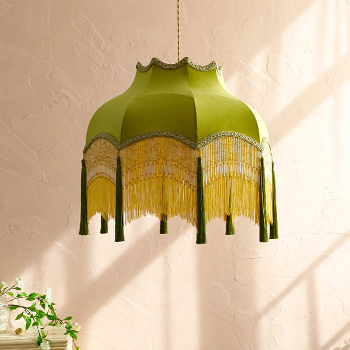 TasselLume Französische Pendelleuchte | Stofflampenschirm mit Fransen | 1-flammig | Vintage Messing-Design für Esszimmer & Wohnzimmer