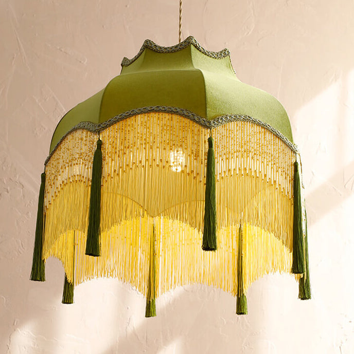 TasselLume Französische Pendelleuchte | Stofflampenschirm mit Fransen | 1-flammig | Vintage Messing-Design für Esszimmer & Wohnzimmer