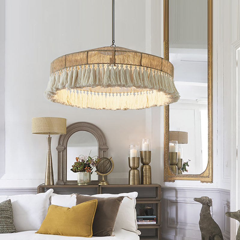 TasselLoom Pendelleuchte im Boho-Stil | Runde Leinen-Tassel-Optik | 1 Licht | Perfekt für Esszimmer