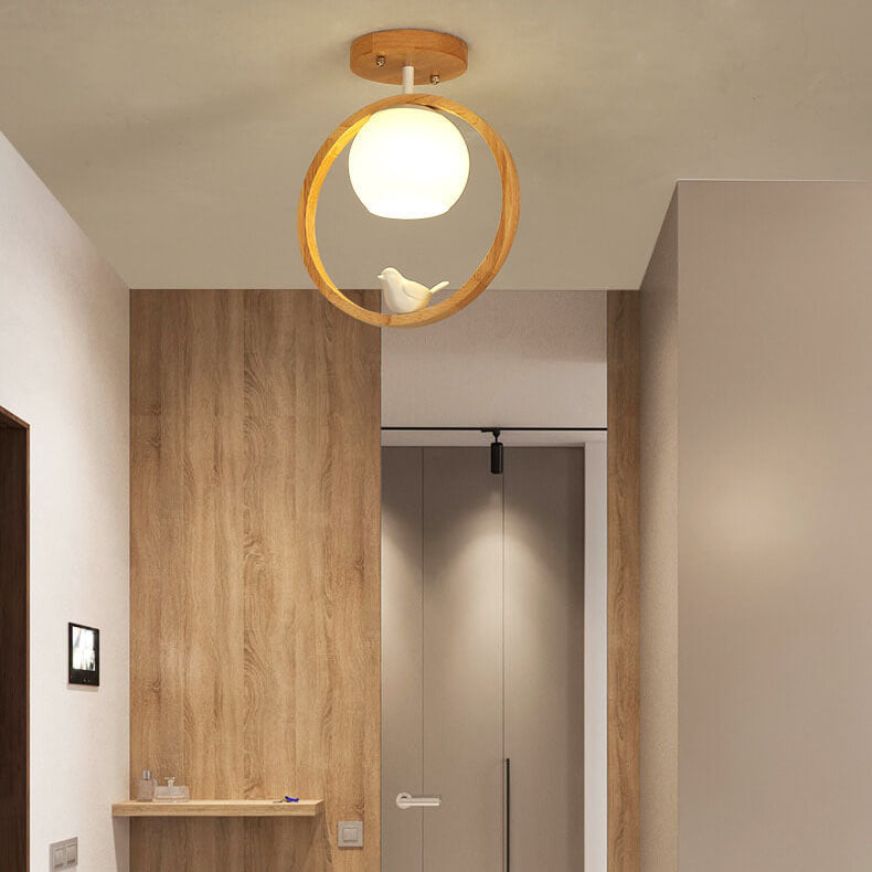 NaturaBird Minimalistische Japanische LED Deckenleuchte | Holzdesign | Runde Semi-Flush Beleuchtung | Elegantes Wohnambiente