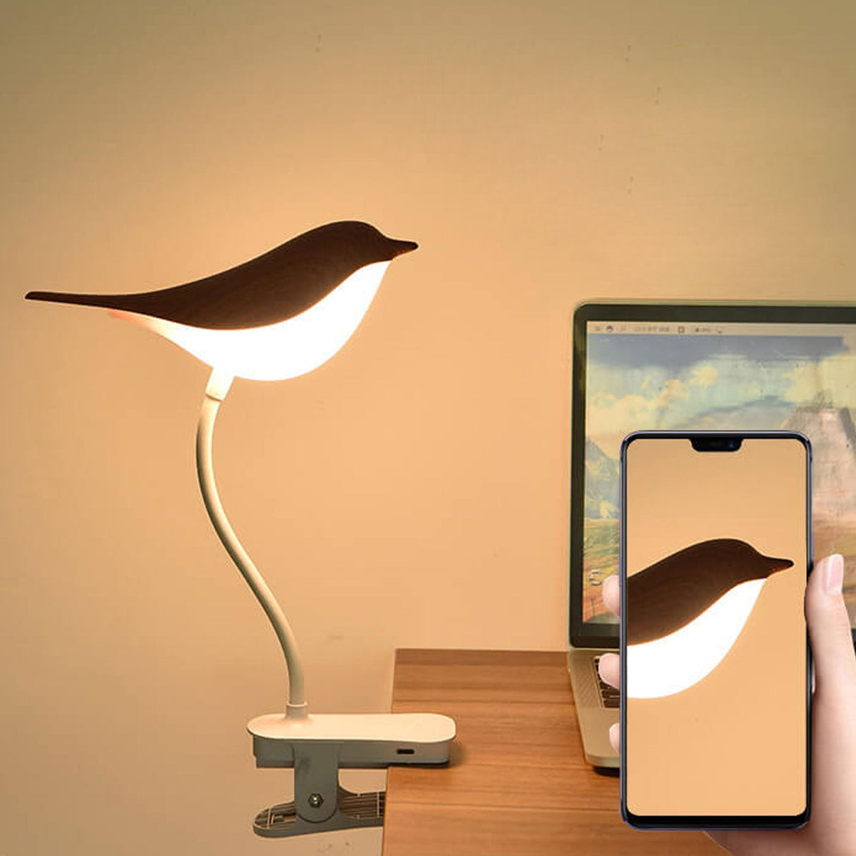 BrightBird Nordic LED Tischlampe | USB-Ladung | Nachtlicht mit Vogelclip | Modernes Design