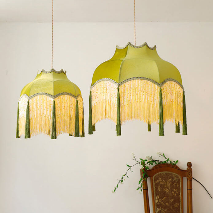 TasselLume Französische Pendelleuchte | Stofflampenschirm mit Fransen | 1-flammig | Vintage Messing-Design für Esszimmer & Wohnzimmer