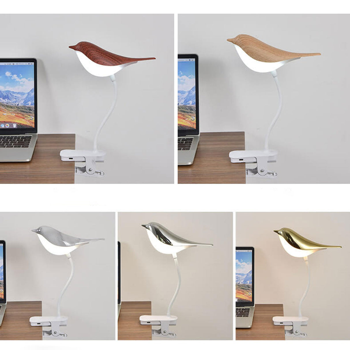 BrightBird Nordic LED Tischlampe | USB-Ladung | Nachtlicht mit Vogelclip | Modernes Design