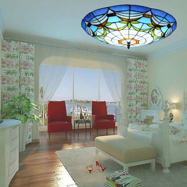 Tiffanique Runde Deckenleuchte | Europäisches Buntglasdesign | 3-Flammig | Verschiedene Muster | Stimmungsvolle Beleuchtung