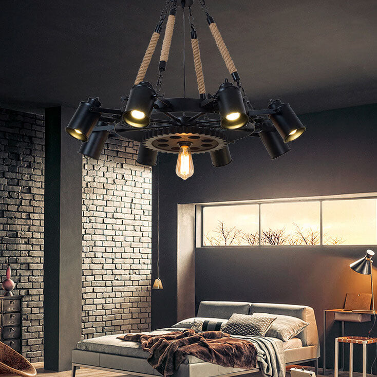 GearLume Retro Industrial Kronleuchter | Eisen-Design | Hanfseil-Lampen | 6/8/10 Leuchten | Vintage Beleuchtung