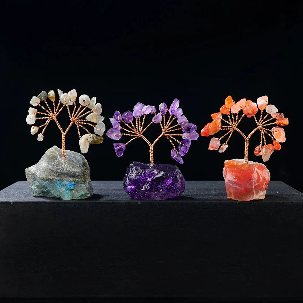 GemFortune Kristall Glücksbaum | Naturstein Baum mit Rohsteinbasis | Dekoration für Heim, Büro & Schreibtisch