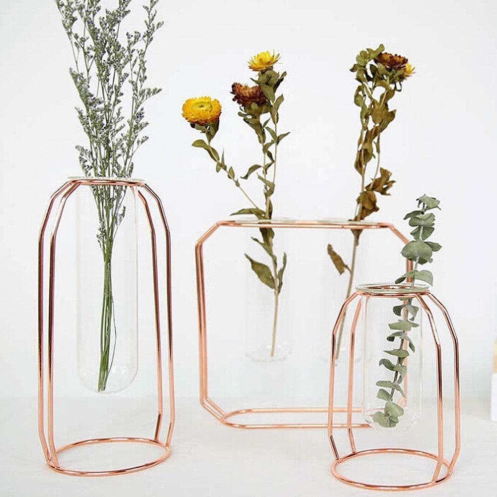 FloraFloat Eisen-Glas-Geometrische Vase | Schwebe-Design für Pflanzenvermehrung & Dekoration | In Gold & Rosébraun | Verschiedene Größen