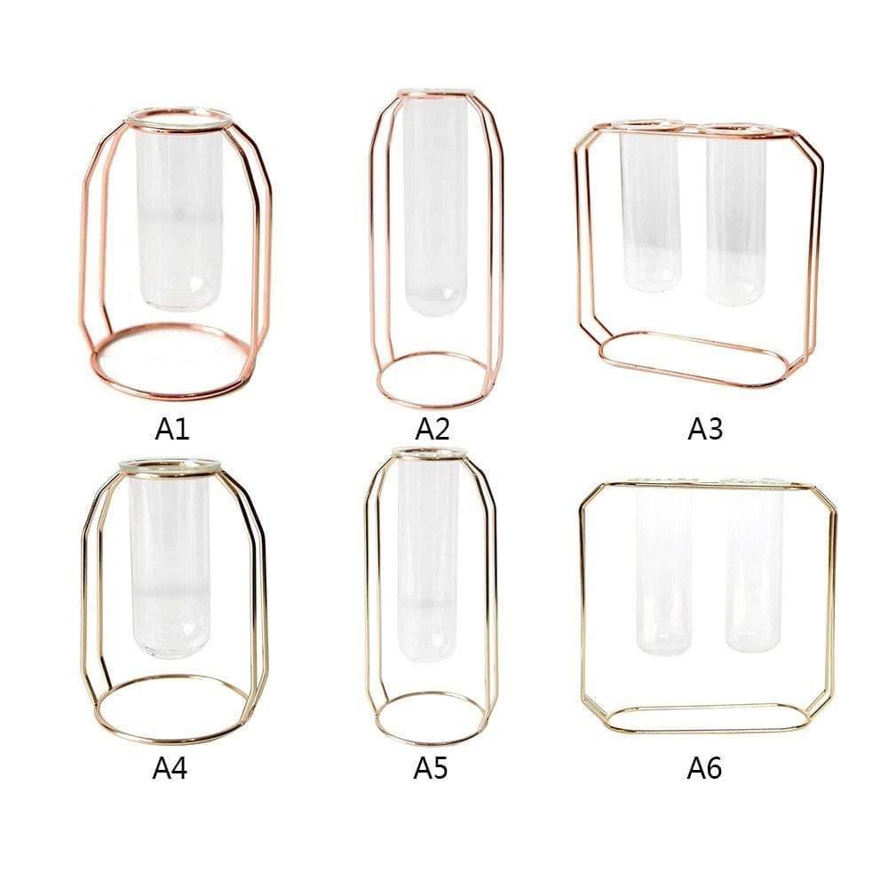FloraFloat Eisen-Glas-Geometrische Vase | Schwebe-Design für Pflanzenvermehrung & Dekoration | In Gold & Rosébraun | Verschiedene Größen