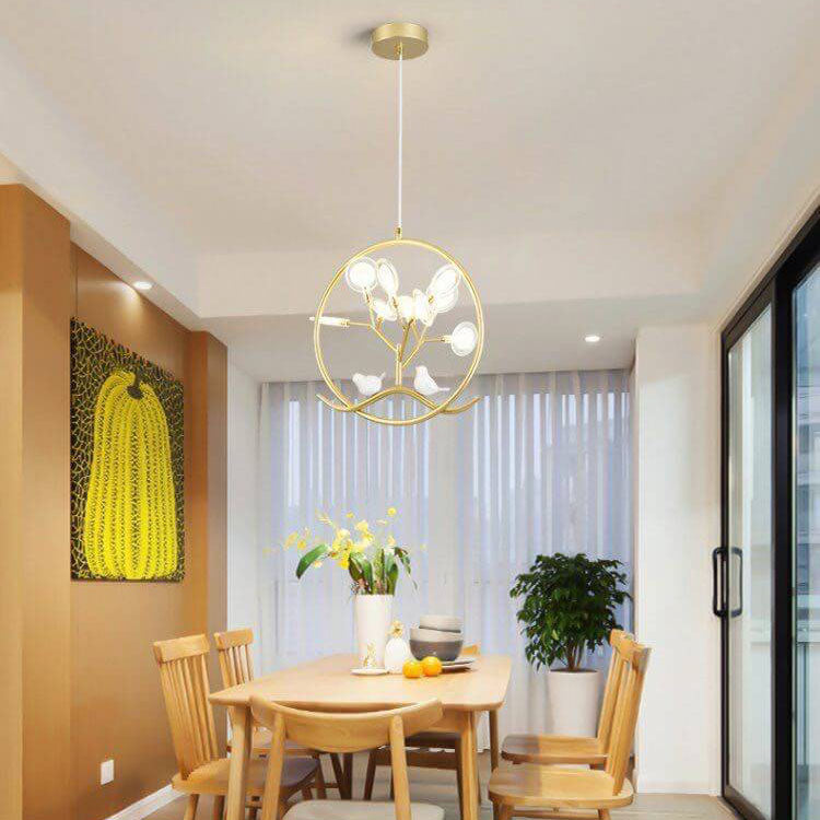 AvianGlow Nordic Kronleuchter | Metall-Vogelzweig Design | 9-Licht Pendelleuchte | Elegante Beleuchtung für Wohnzimmer