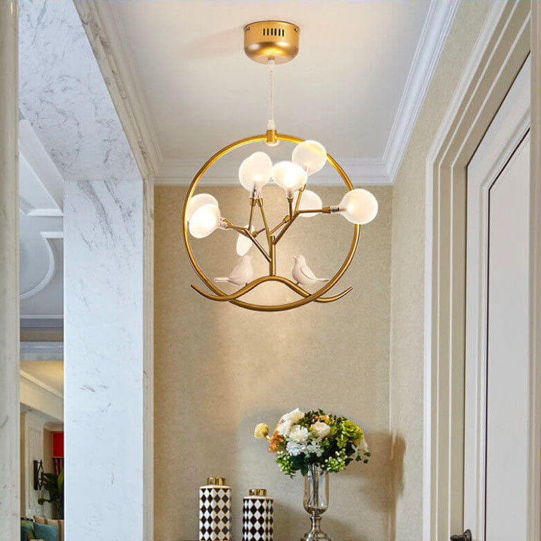 AvianGlow Nordic Kronleuchter | Metall-Vogelzweig Design | 9-Licht Pendelleuchte | Elegante Beleuchtung für Wohnzimmer